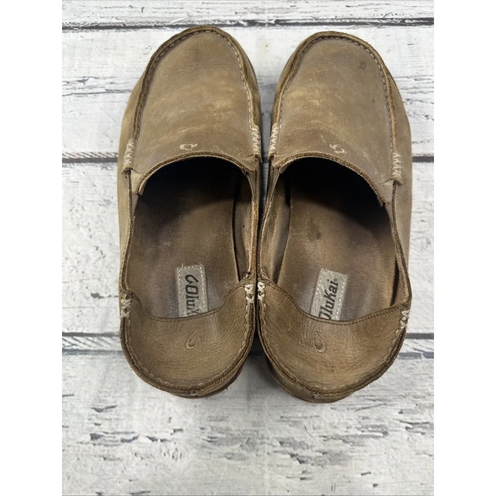 OluKai Moloa Slip On Shoes Brown Leather Loafers Fold Down 10128-2733 Size 10.5